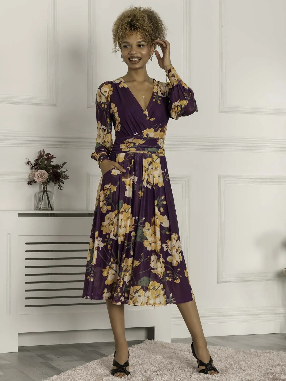 Maaike Long Sleeve Mesh Dress, Purple Floral