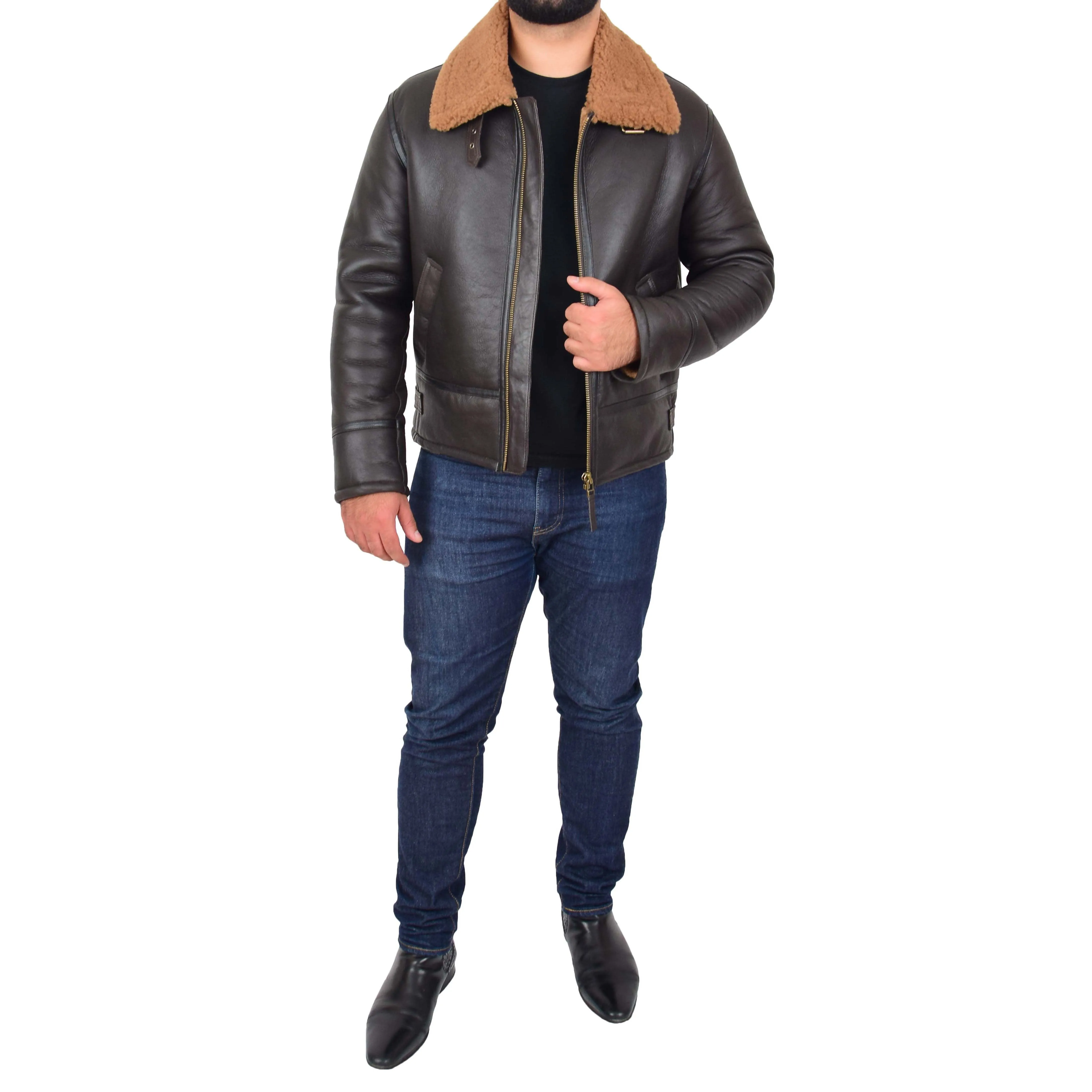 Mens Original Sheepskin Flying Jacket B3 Bomber Aviator Pilots Shearling Coat Raptor Brown/Ginger