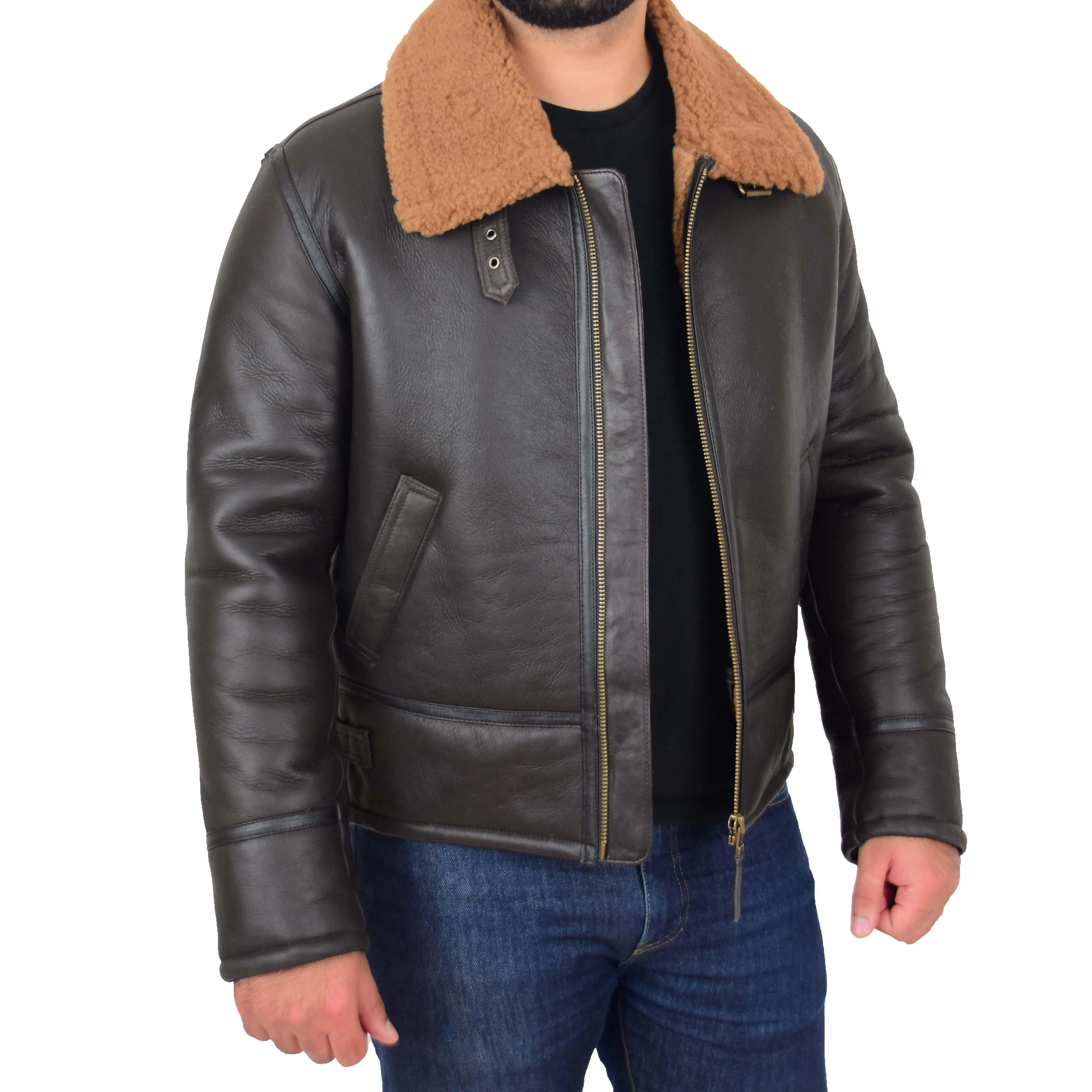 Mens Original Sheepskin Flying Jacket B3 Bomber Aviator Pilots Shearling Coat Raptor Brown/Ginger