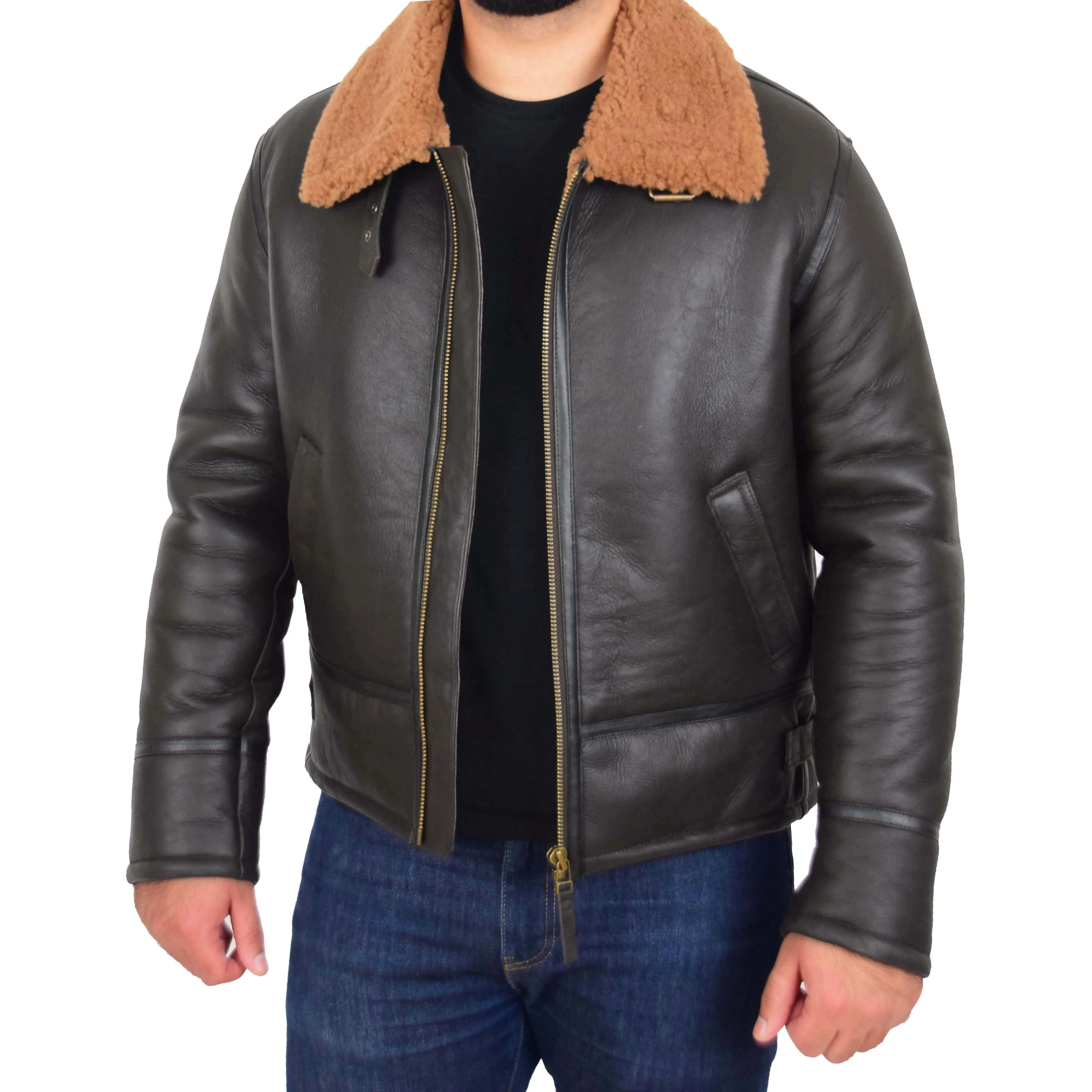 Mens Original Sheepskin Flying Jacket B3 Bomber Aviator Pilots Shearling Coat Raptor Brown/Ginger