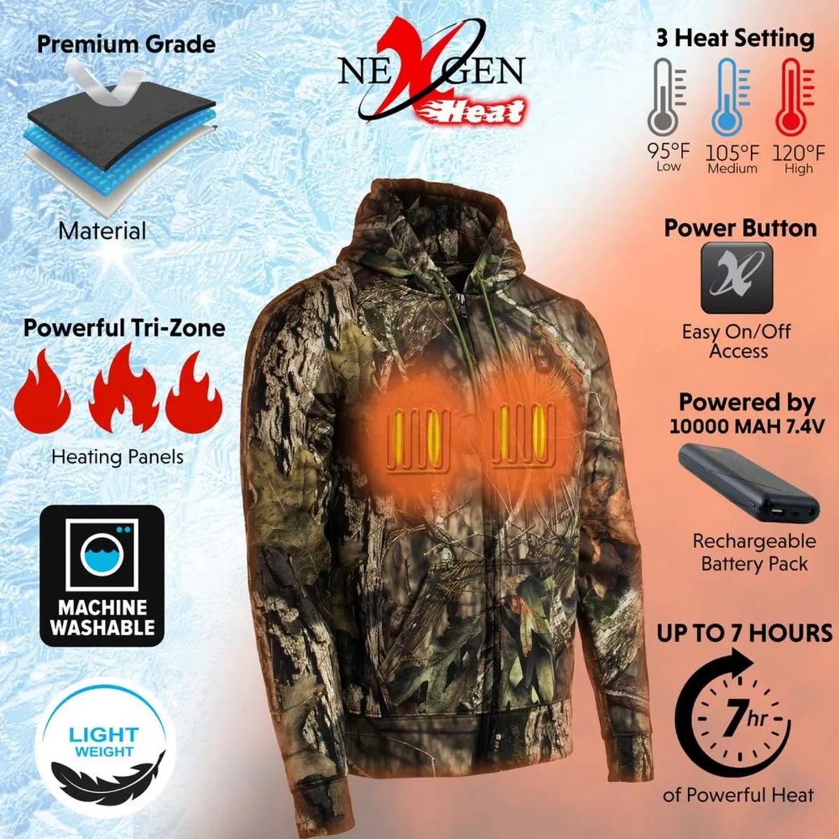 Nexgen Heat Men's Camouflaged Heated Zipper Hoodie with Battery