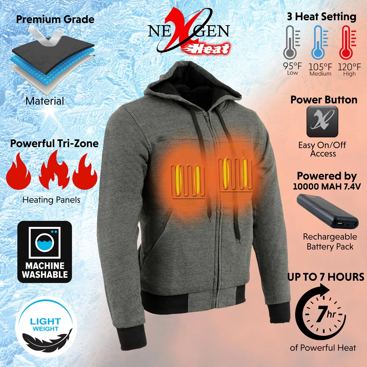 Nexgen Heat NXM1713SET Men's “Fiery’’ Heated Hoodie - Grey Zipper