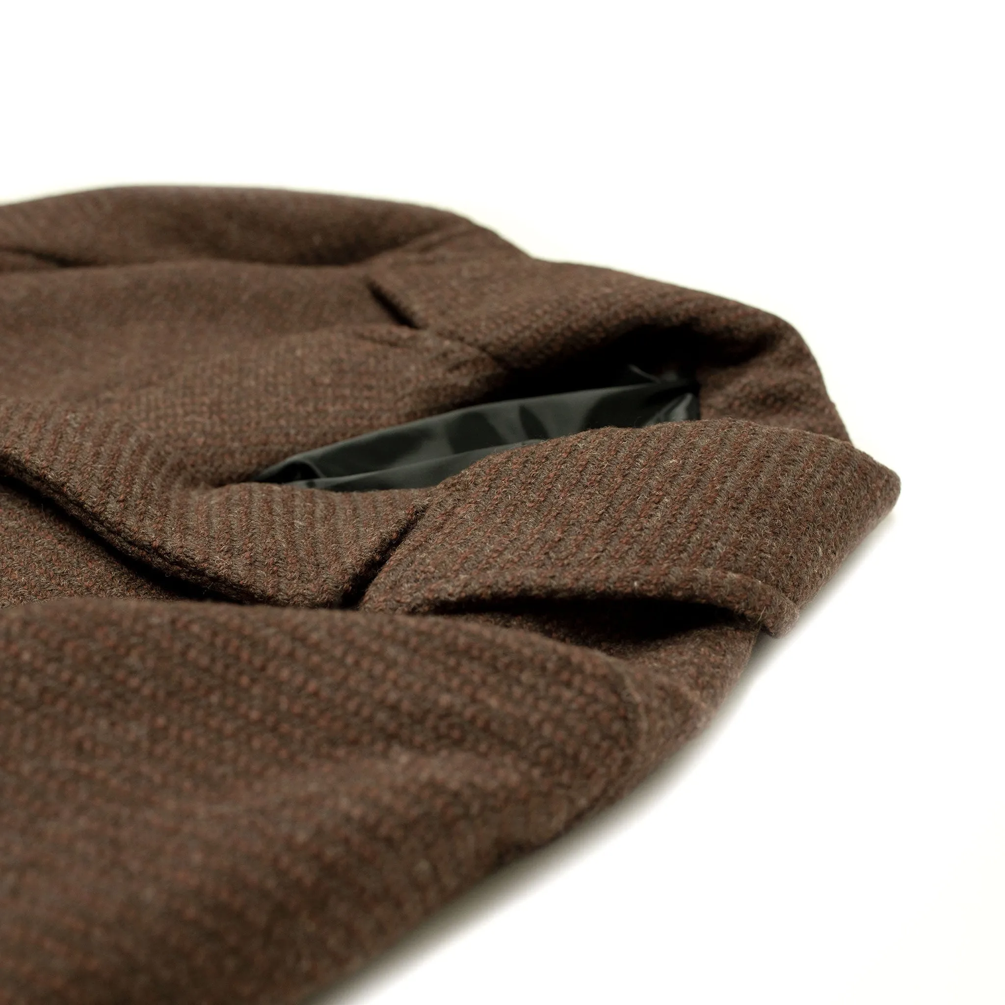 Padded overcoat in brown "roving twill" Shetland wool