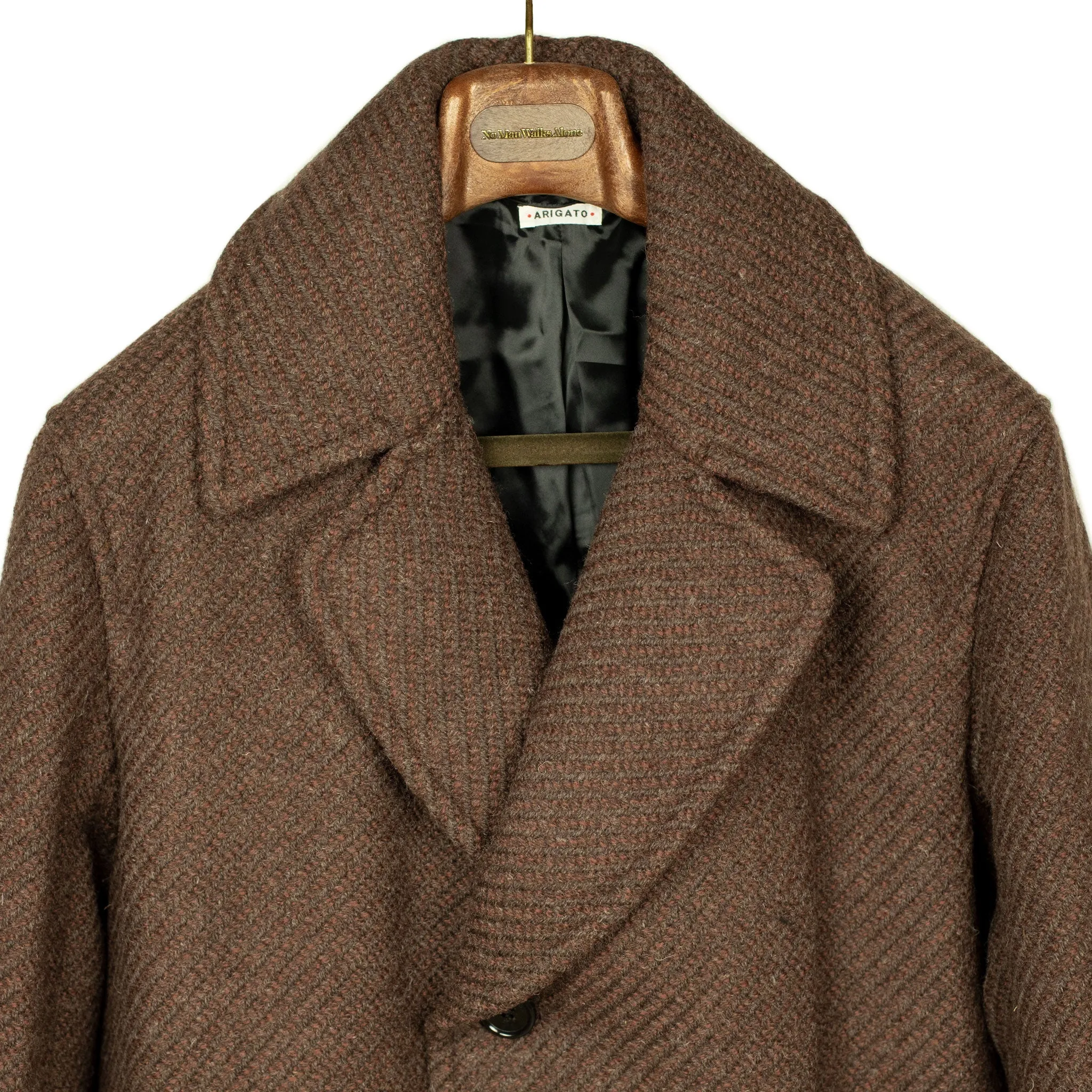 Padded overcoat in brown "roving twill" Shetland wool