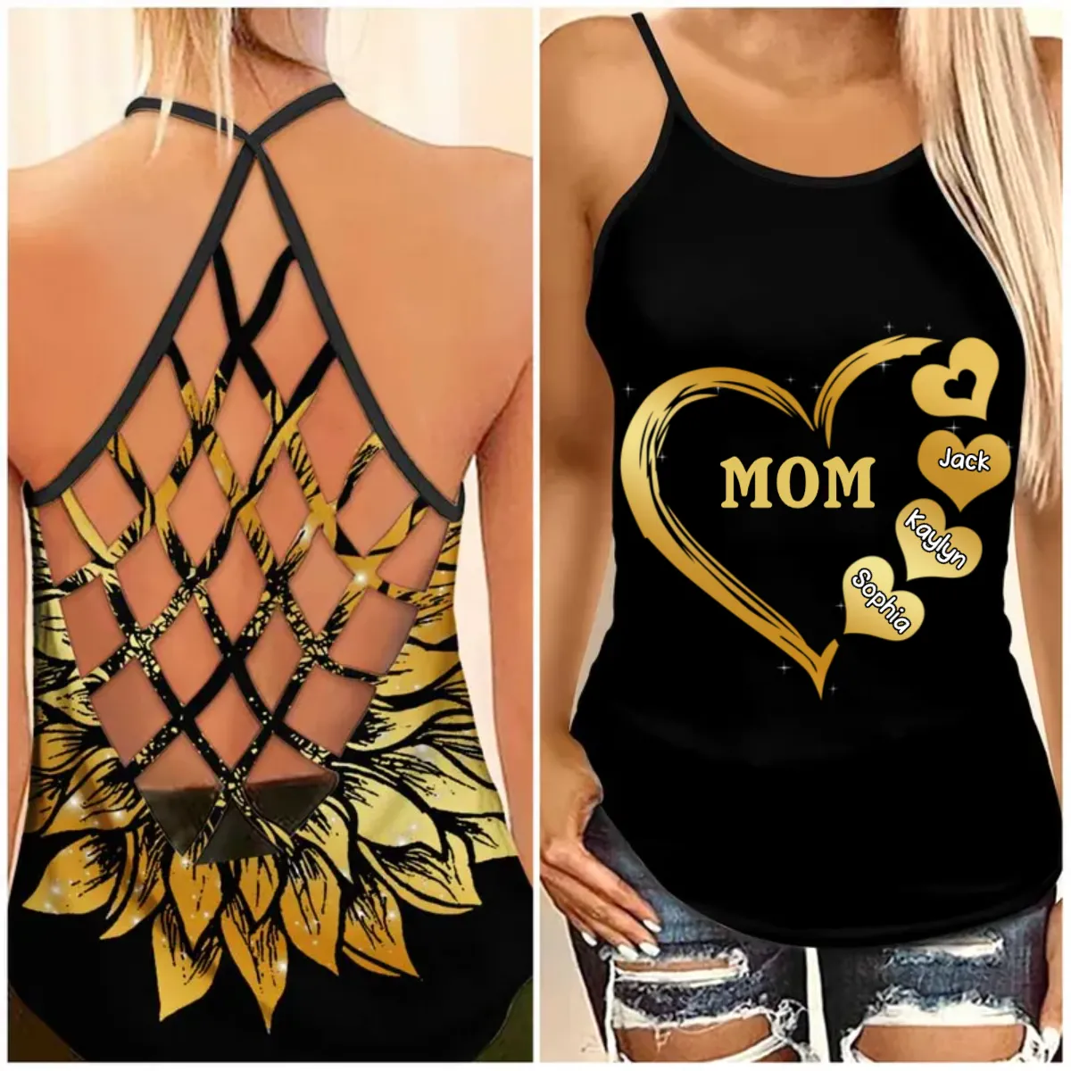 Personalized Grandma Mom Heart Grandkids Cross Tank Top, Gift for Mom Mother Summer Day