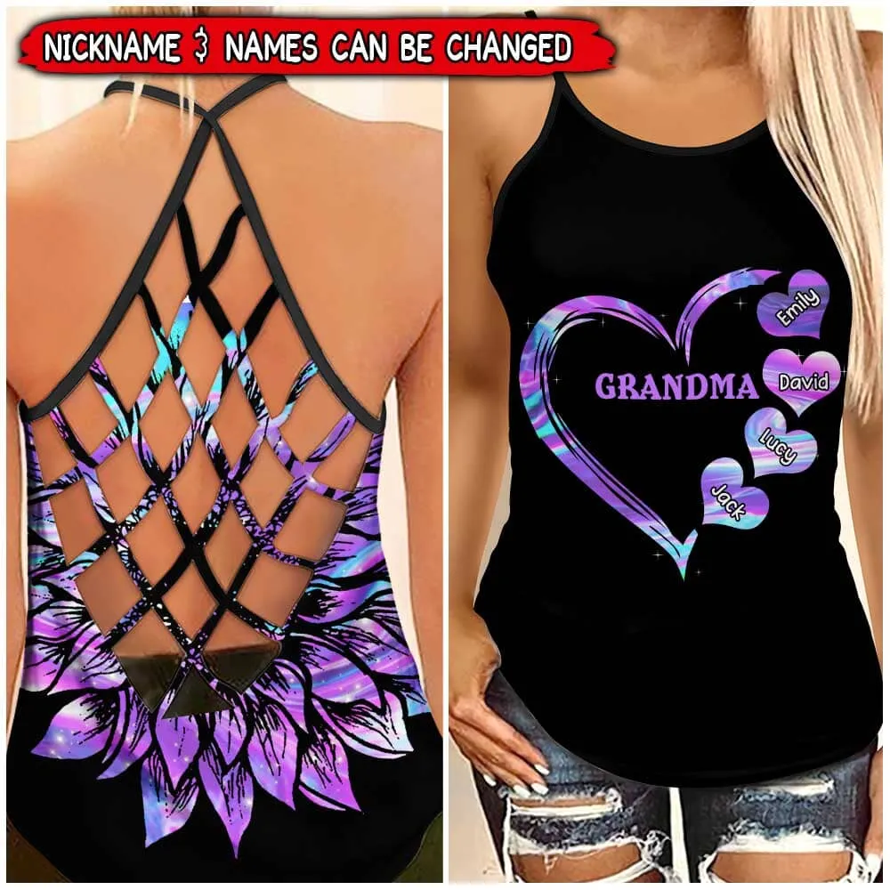 Personalized Grandma Mom Heart Grandkids Cross Tank Top, Gift for Mom Mother Summer Day