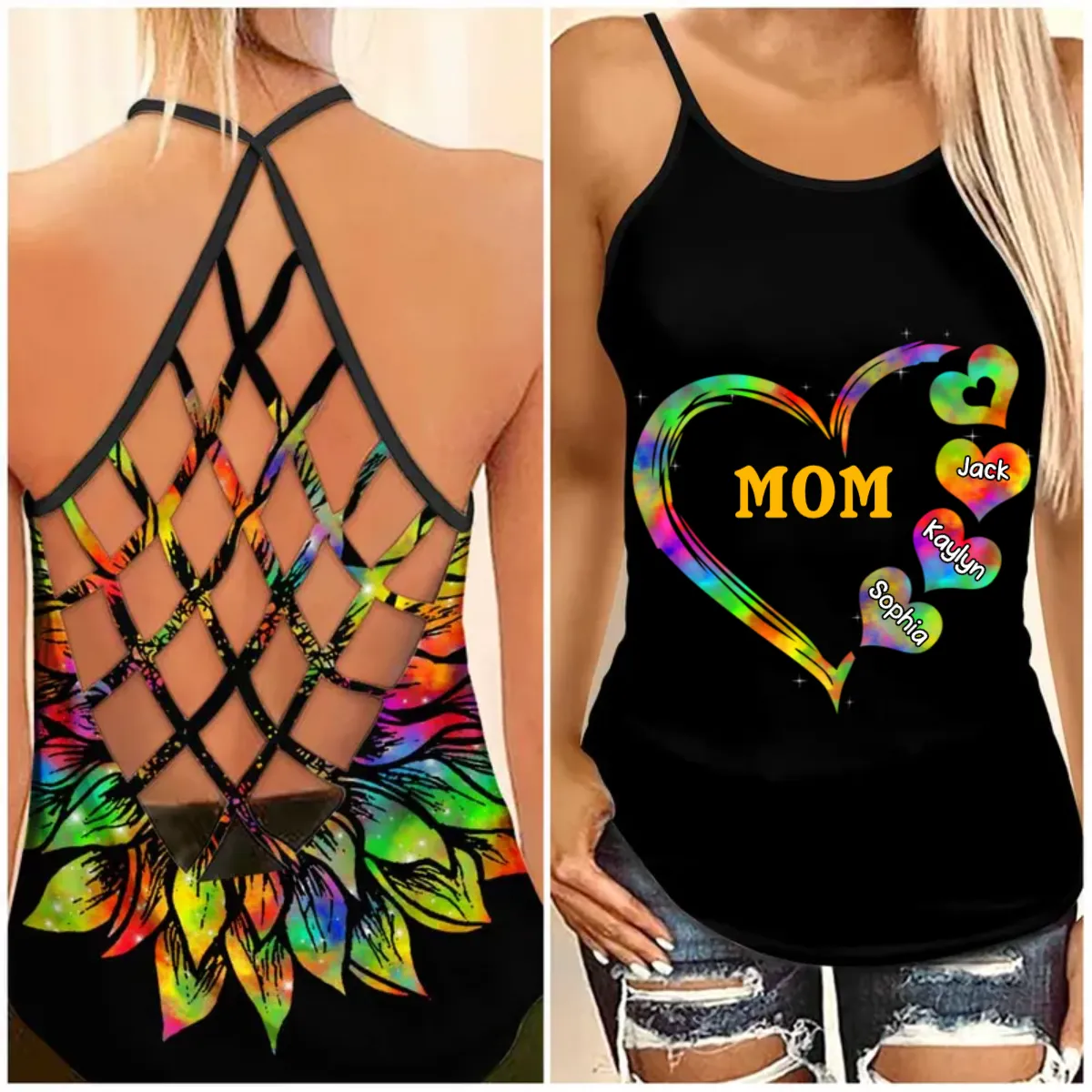 Personalized Grandma Mom Heart Grandkids Cross Tank Top, Gift for Mom Mother Summer Day