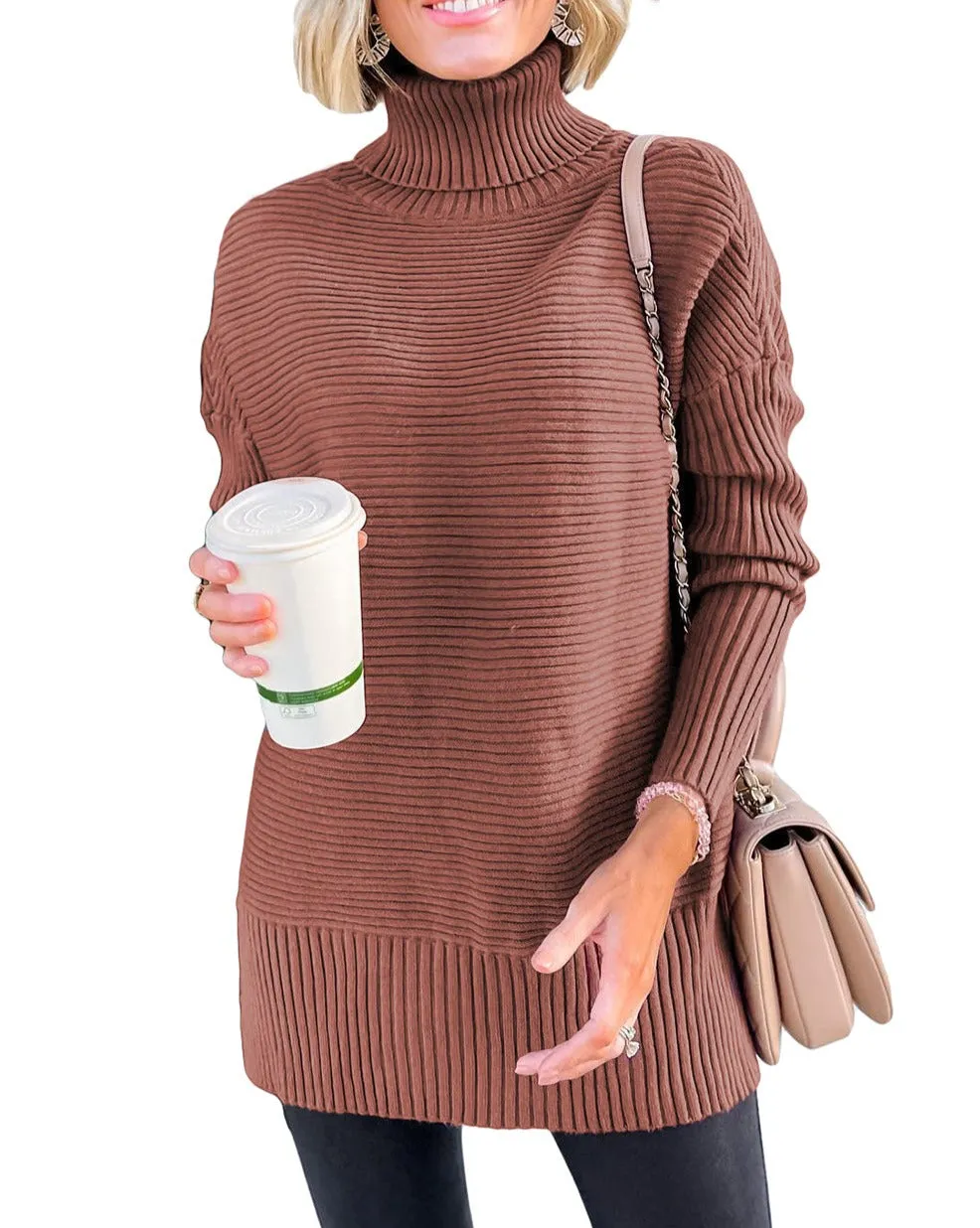 Ribbed Turtleneck Tunic Sweater