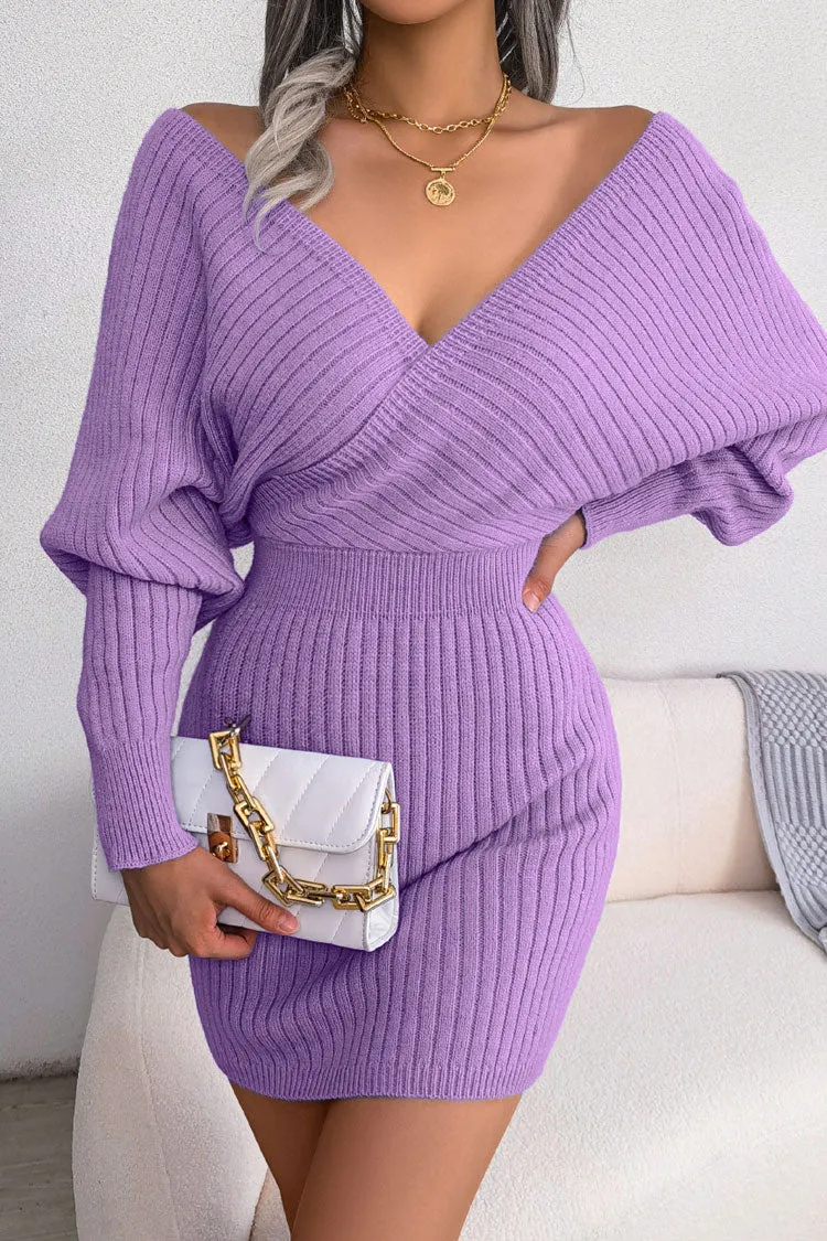 Sexy Winter Wrap V Neck Rib Knit Sweater Mini Dress - Purple