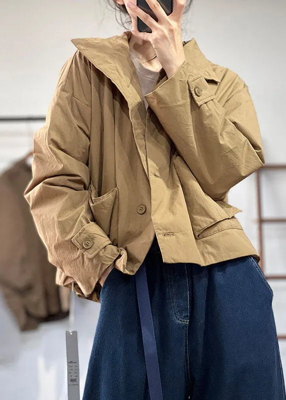 Simple Khaki Peter Pan Collar Oversized Solid Color Fine Cotton Filled Jackets Winter