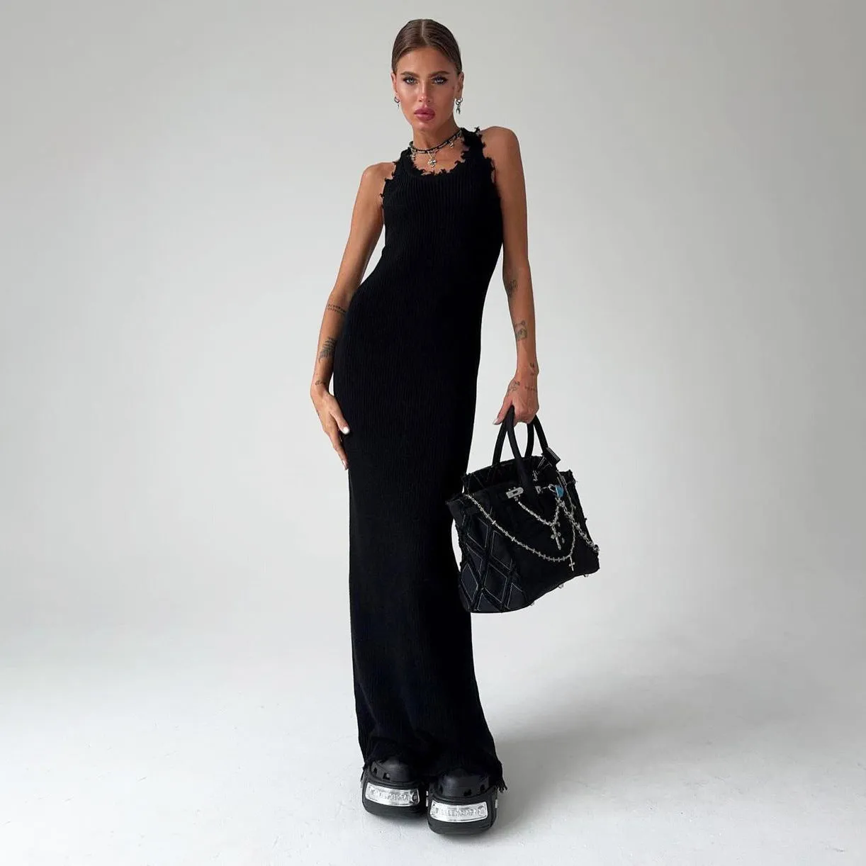 Slim Hip-wrapped Drape Knitted Long dress