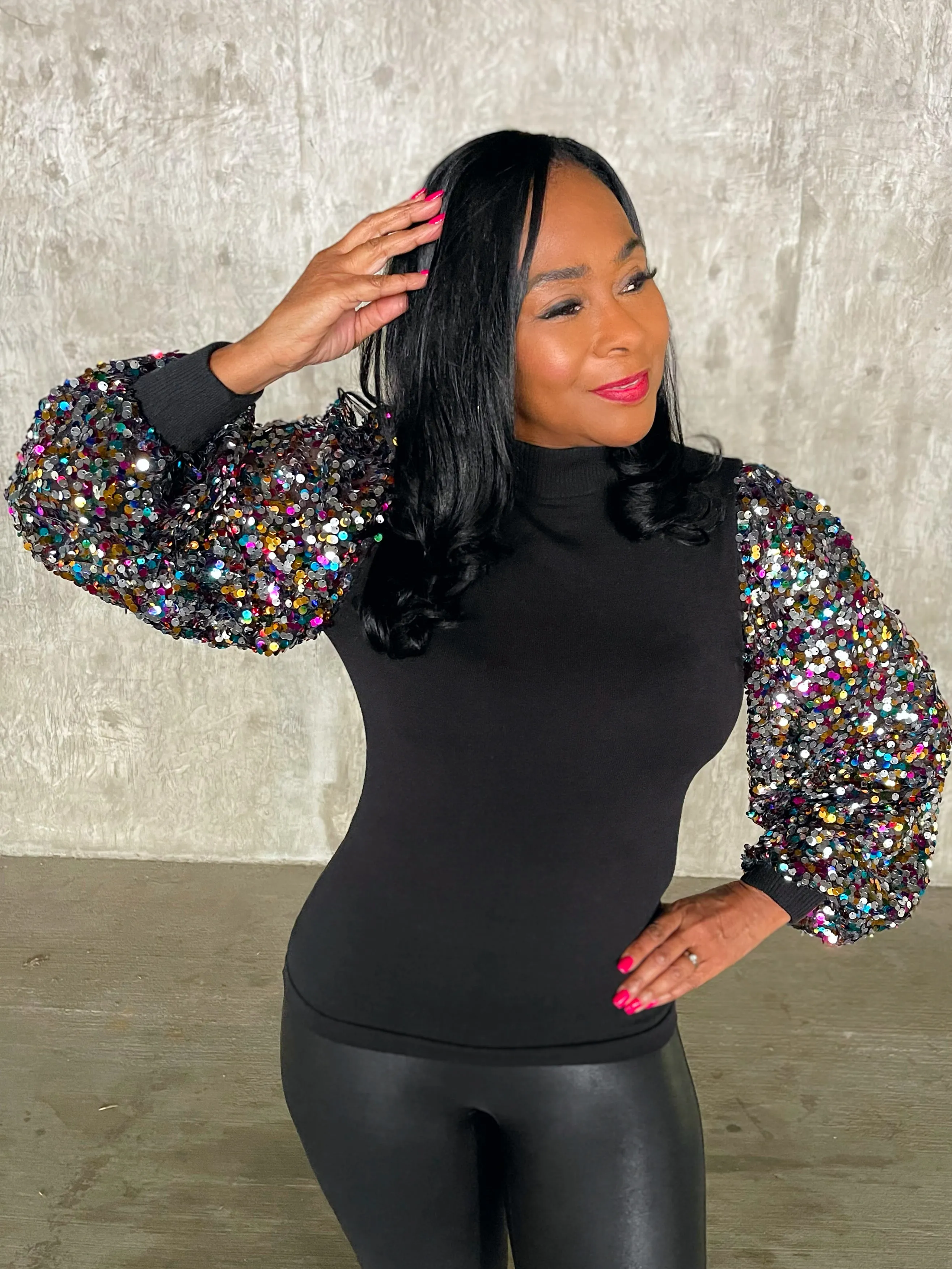 Sparkle Sequin Sleeve Turtle Neck