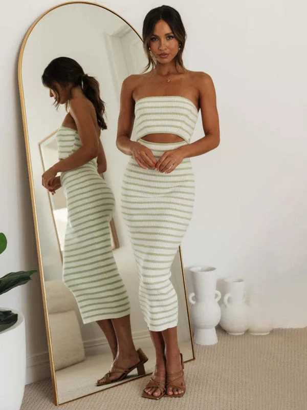 Stripes Summer Strapless Cutout Dress with Body-Hugging Fit