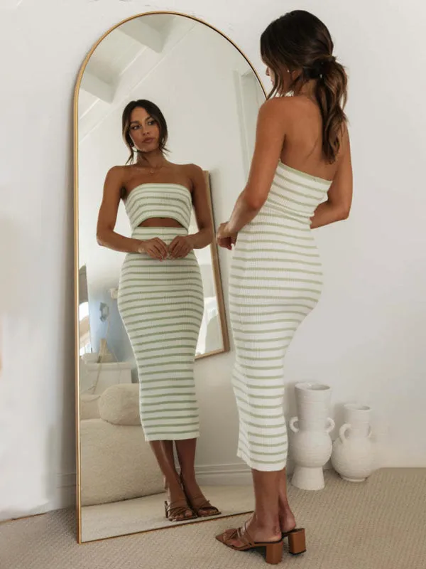 Stripes Summer Strapless Cutout Dress with Body-Hugging Fit