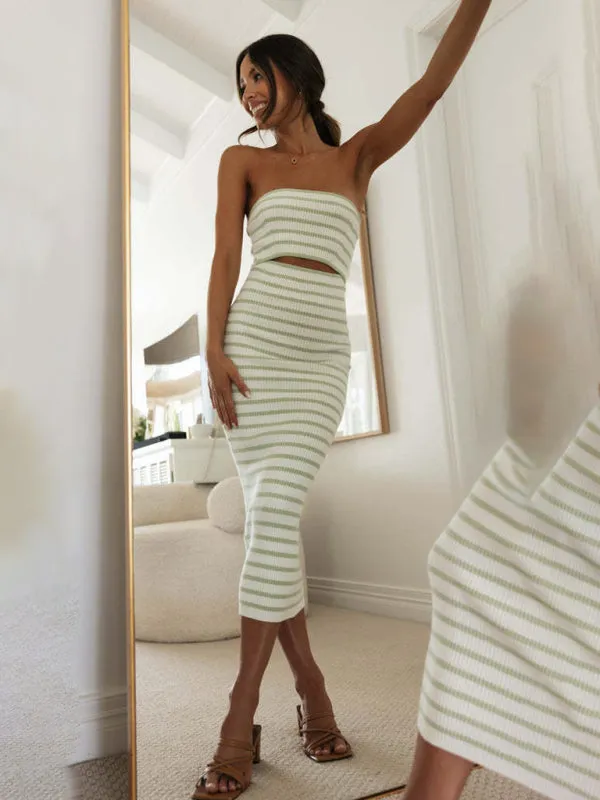 Stripes Summer Strapless Cutout Dress with Body-Hugging Fit