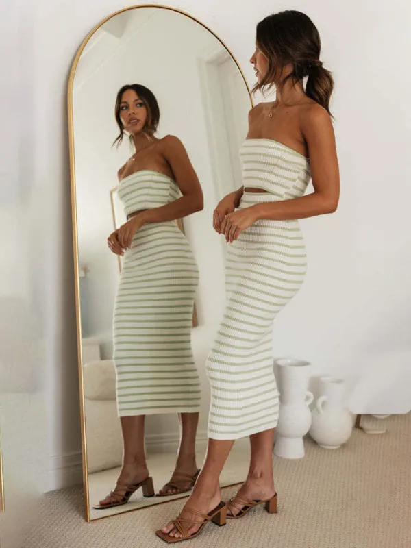 Stripes Summer Strapless Cutout Dress with Body-Hugging Fit