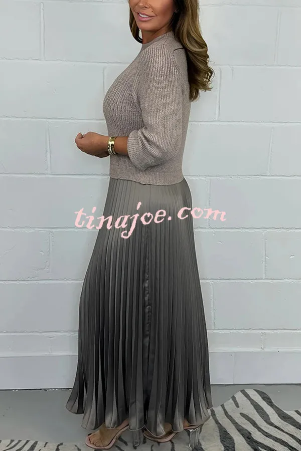 Stylish Knitted Round Neck Long Sleeve Patchwork Pleated Hem Maxi Dress