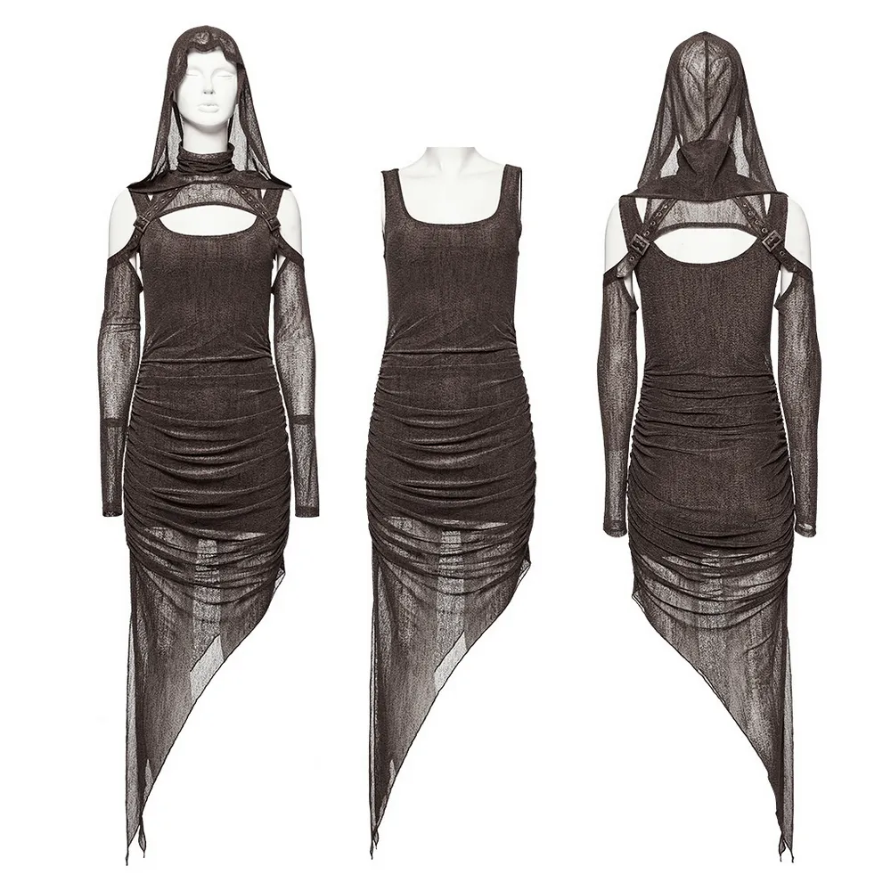 Stylish Women's Gothic Two-Piece Mesh Hooded Dress