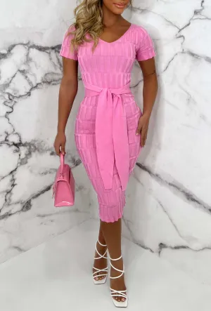 Tied In Knots Pink Textured Bow Tie Waist Stretch Knitted Midi Dress