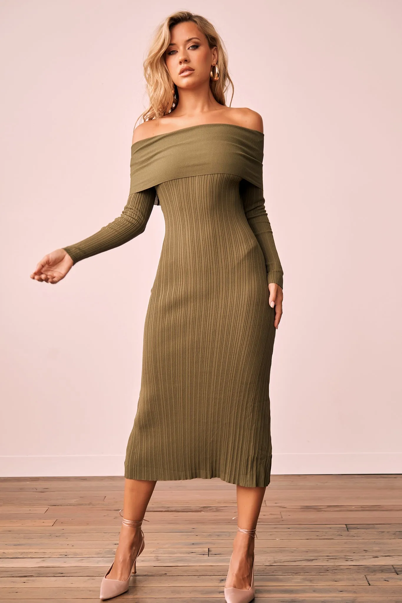 Top Notch Knit Midi Dress - Khaki