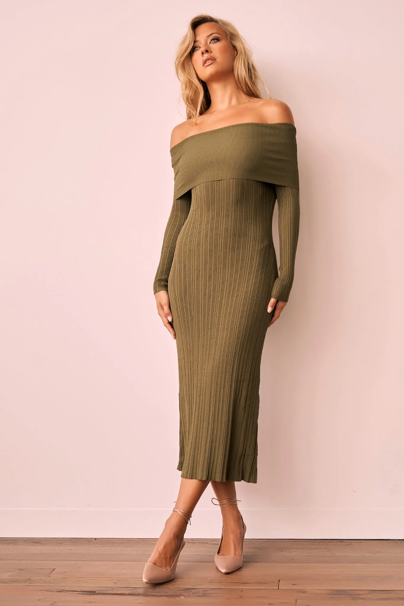 Top Notch Knit Midi Dress - Khaki