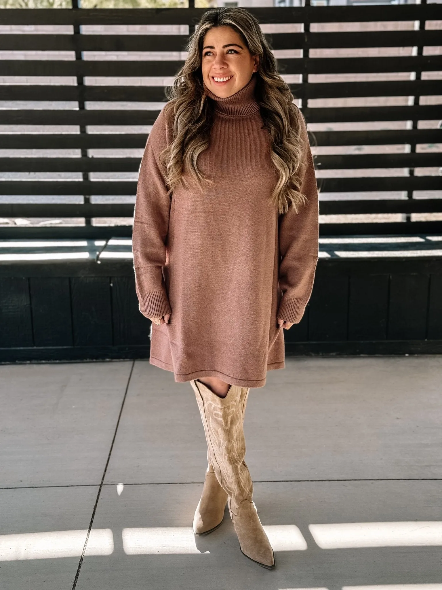 Winter Haven Turtleneck Sweater Dress, Latte