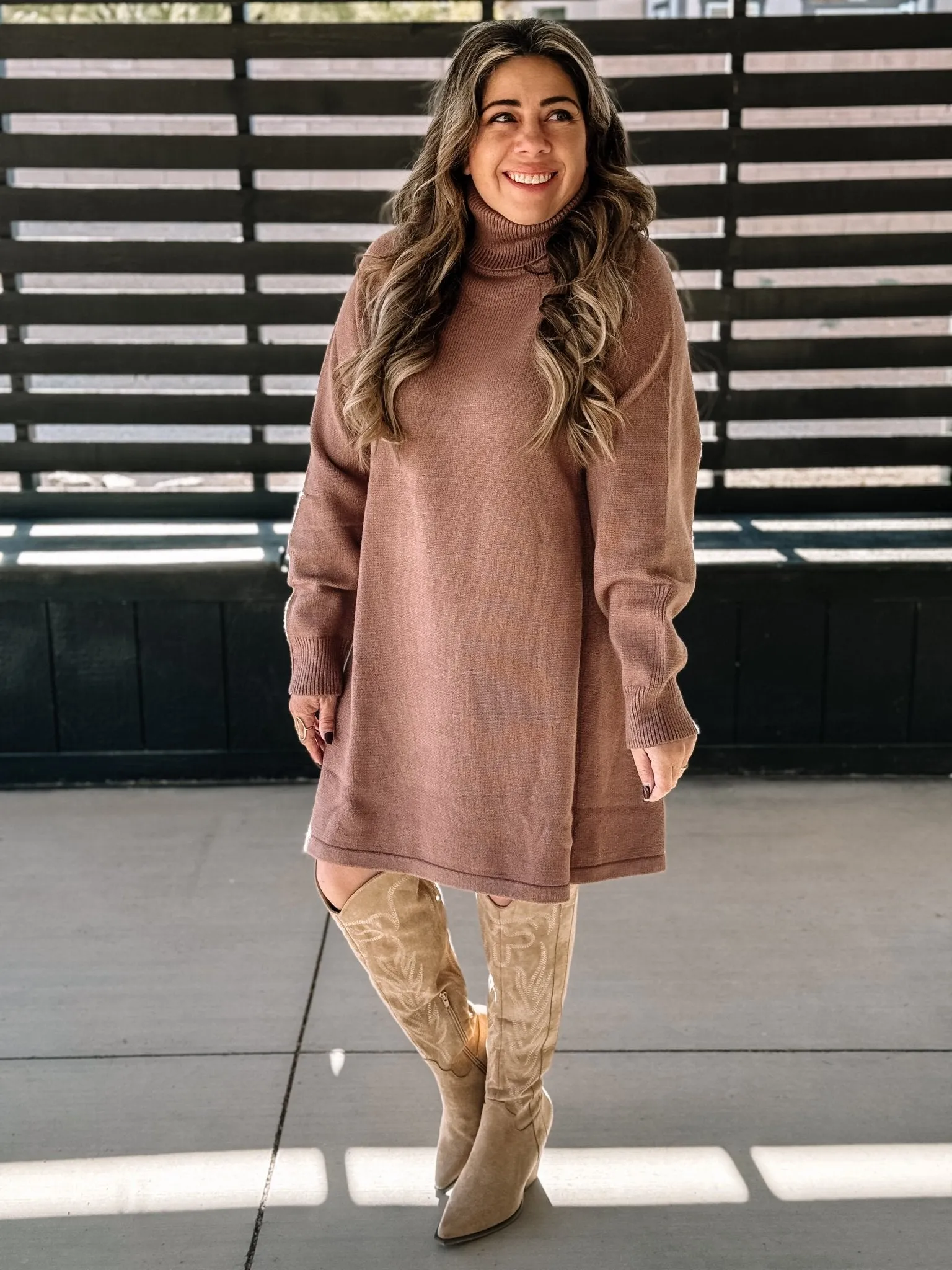 Winter Haven Turtleneck Sweater Dress, Latte