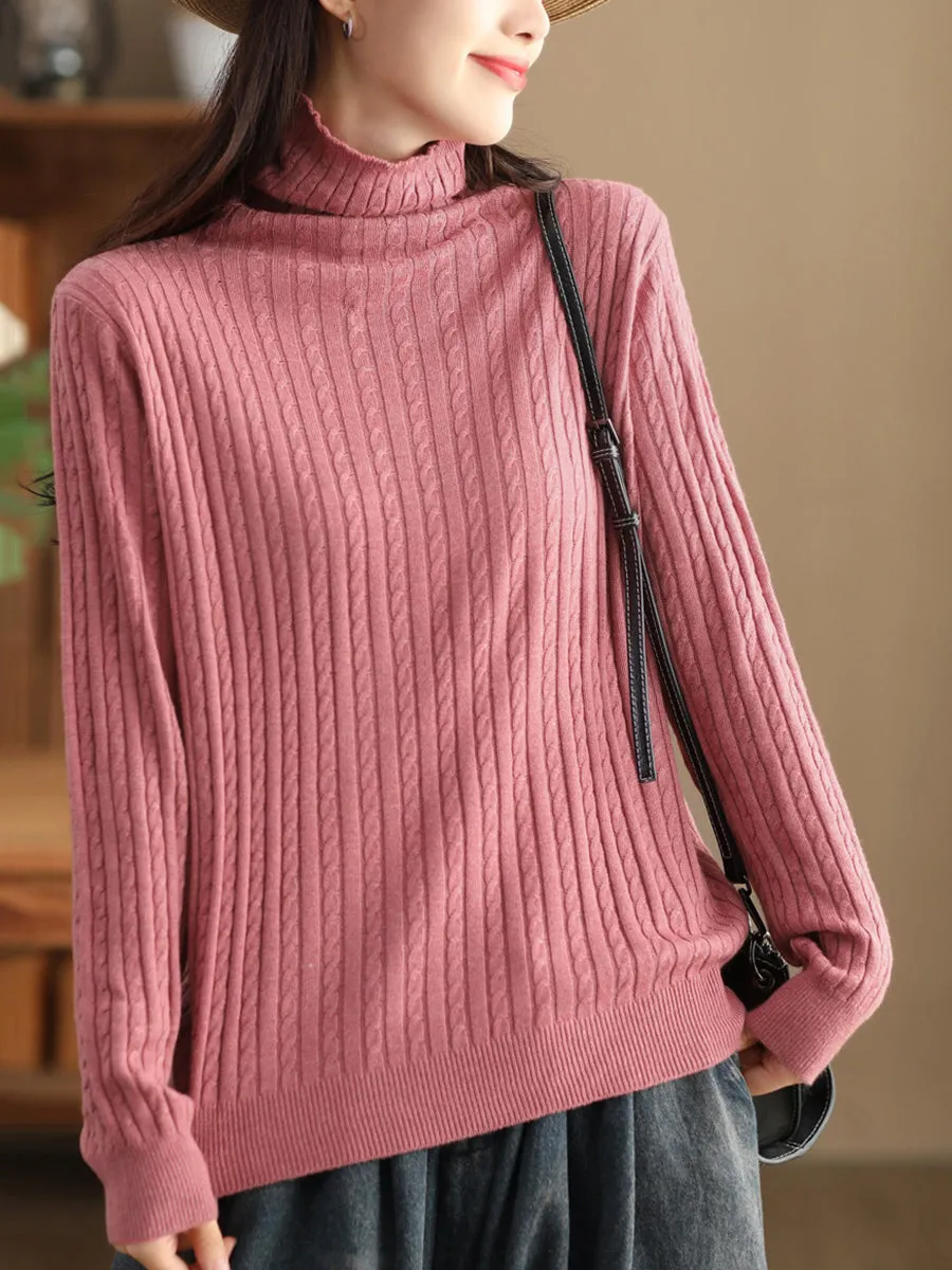 Women Autumn Solid Jacquard Turtleneck Wool Sweater