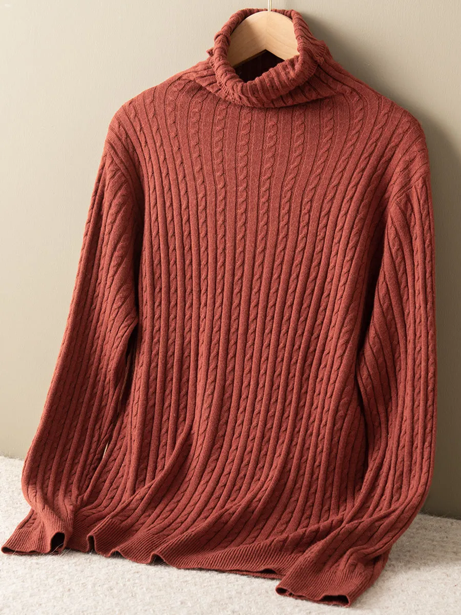 Women Autumn Solid Jacquard Turtleneck Wool Sweater