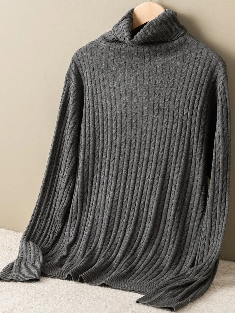 Women Autumn Solid Jacquard Turtleneck Wool Sweater