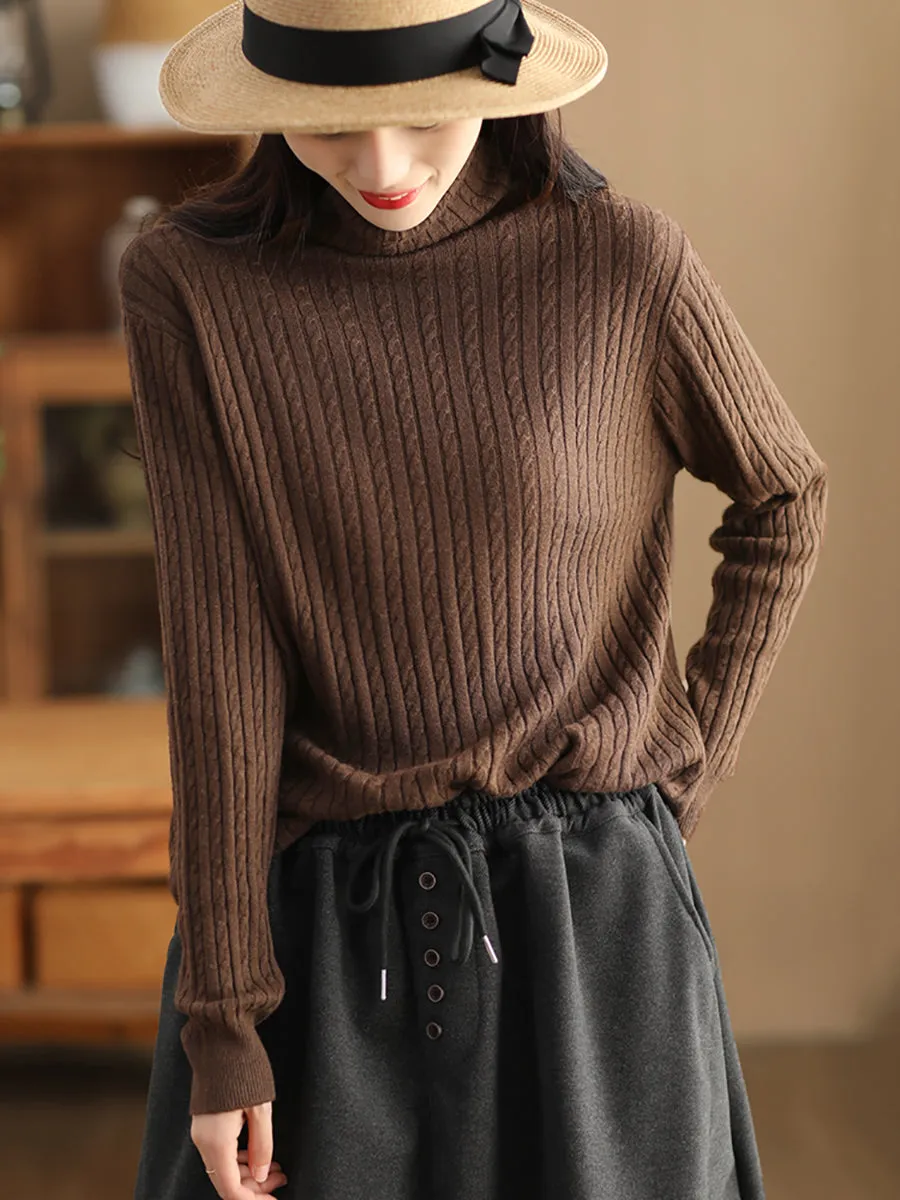 Women Autumn Solid Jacquard Turtleneck Wool Sweater