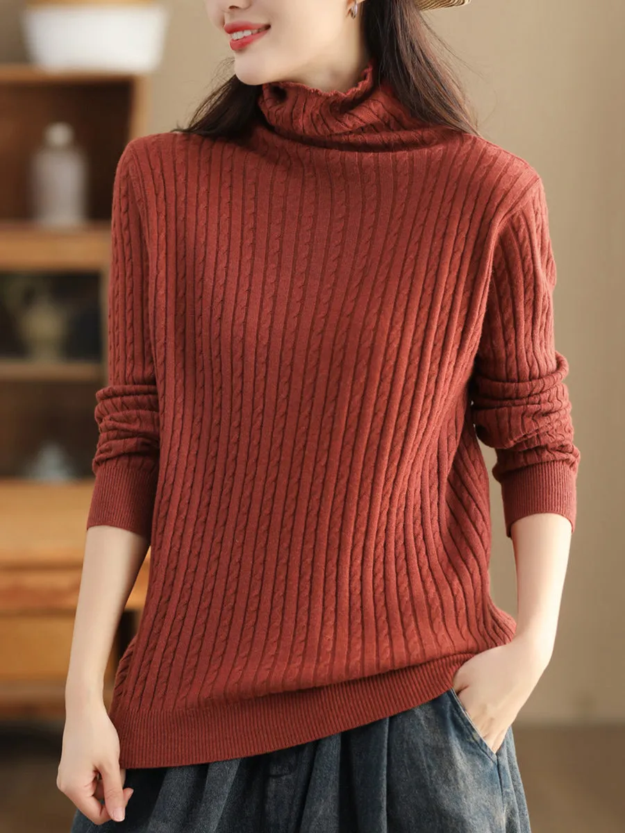 Women Autumn Solid Jacquard Turtleneck Wool Sweater