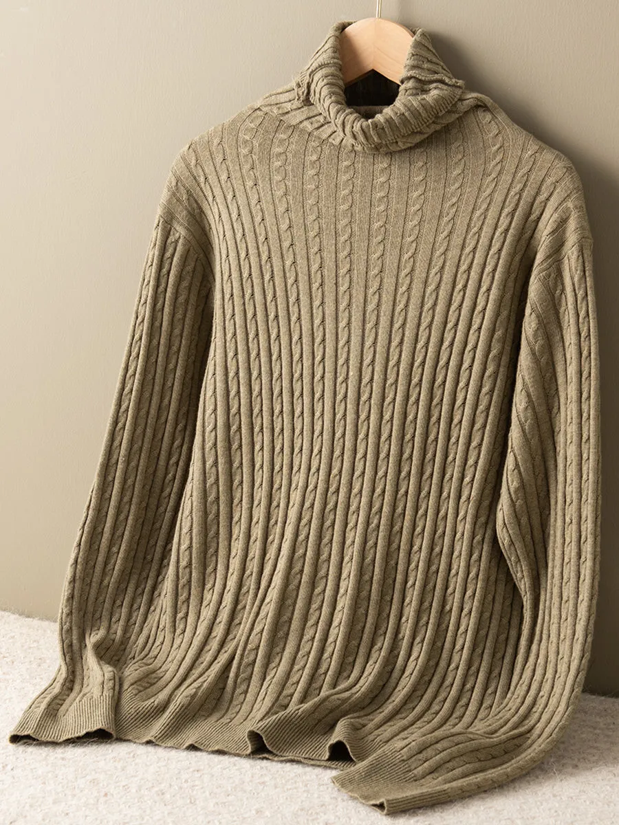 Women Autumn Solid Jacquard Turtleneck Wool Sweater