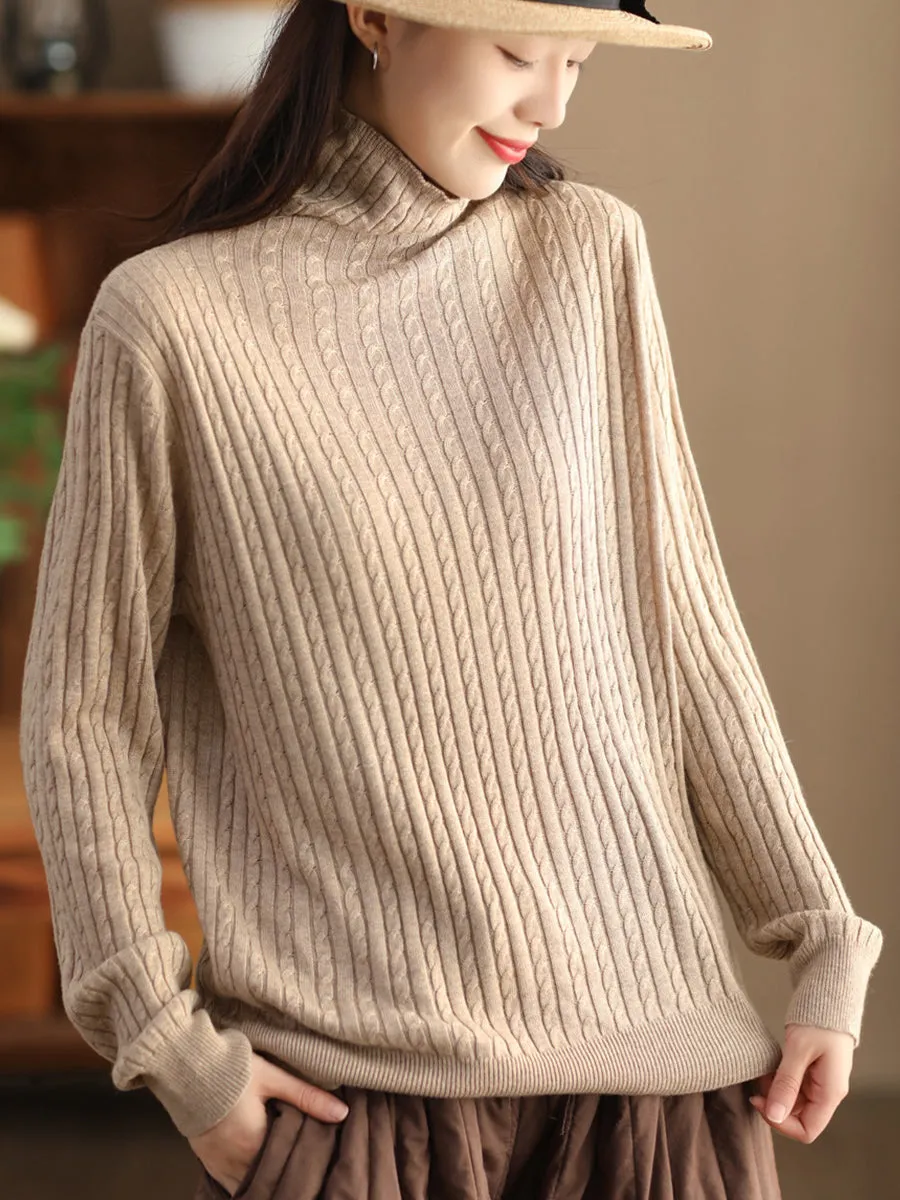 Women Autumn Solid Jacquard Turtleneck Wool Sweater