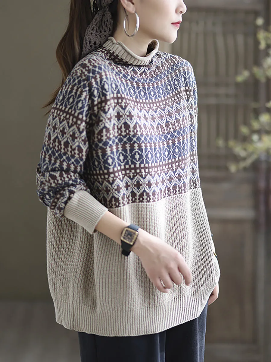 Women Vintage Spliced Turtleneck Knitted Sweater