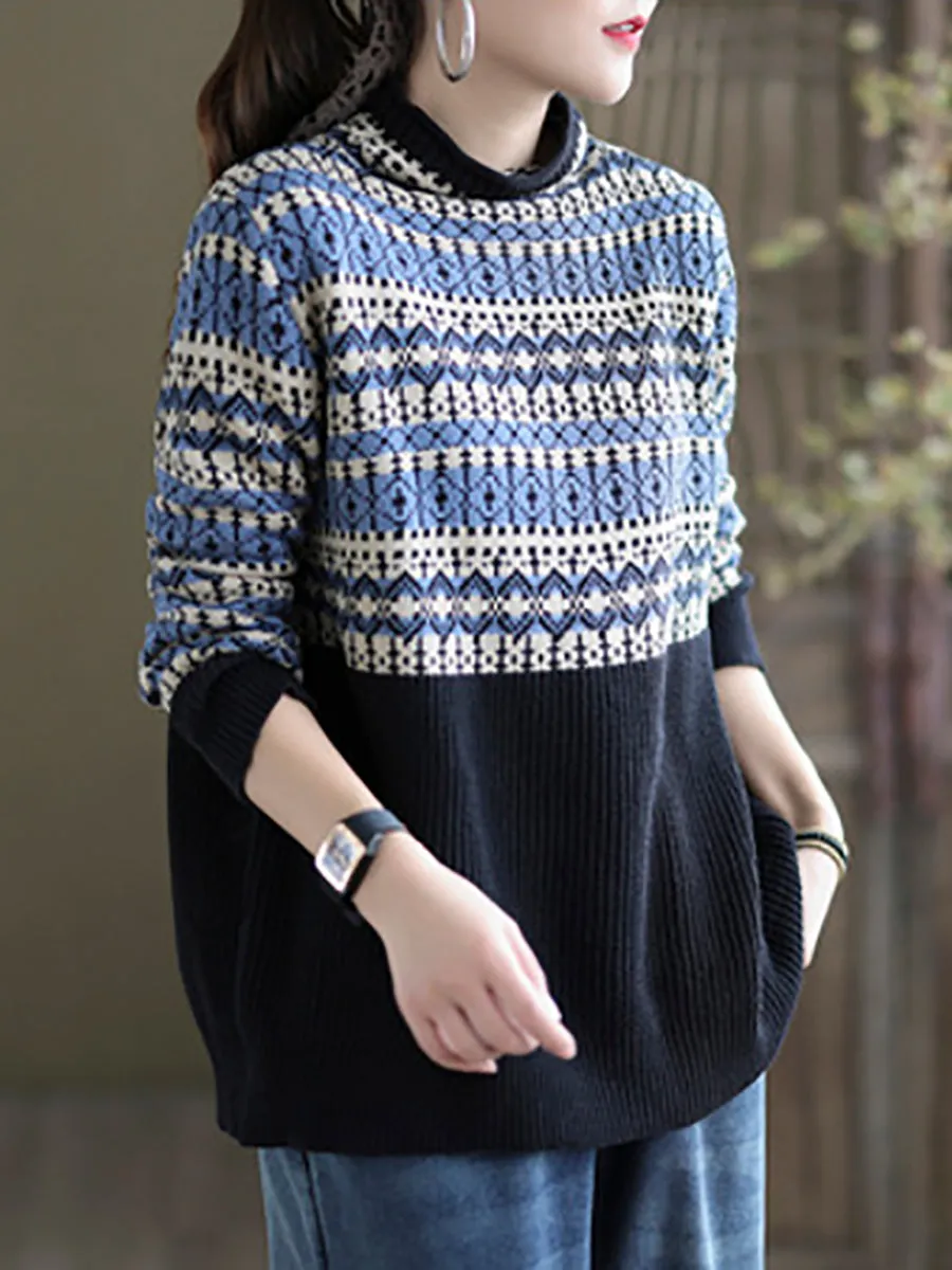 Women Vintage Spliced Turtleneck Knitted Sweater