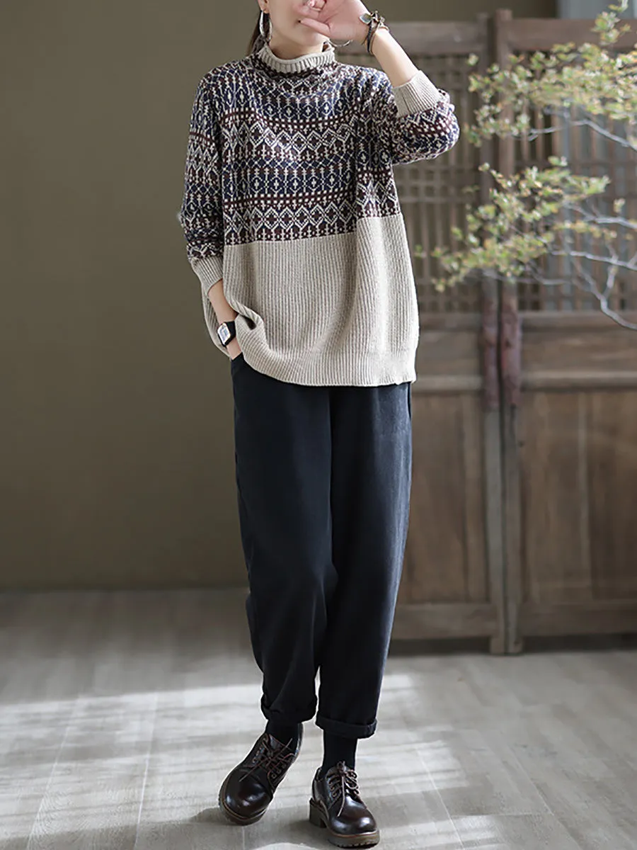 Women Vintage Spliced Turtleneck Knitted Sweater