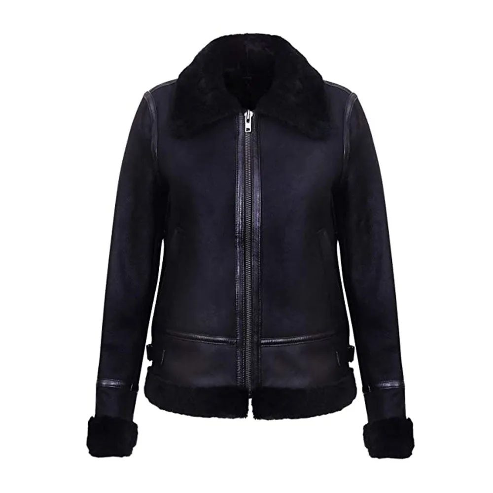 WOMENS BLACK AVIATOR BIKER GENUINE SHEEPSKIN SHEARLING LEATHER JACKET