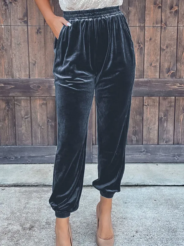 Women's Elastic Waist Velvet Cuffed Trousers