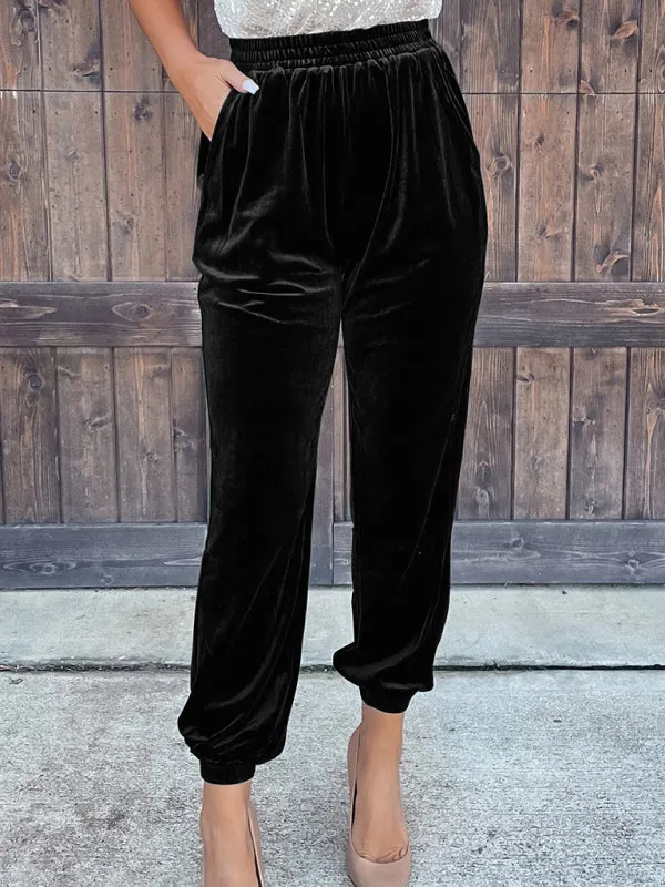 Women's Elastic Waist Velvet Cuffed Trousers