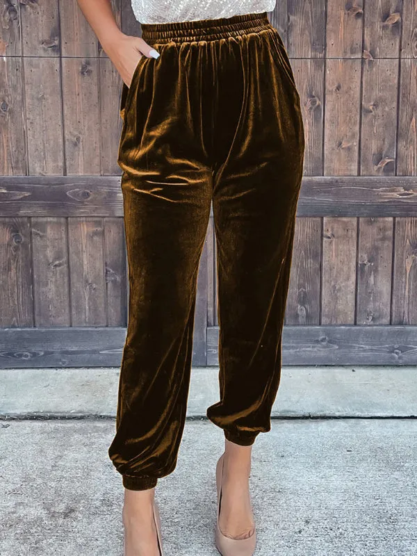 Women's Elastic Waist Velvet Cuffed Trousers