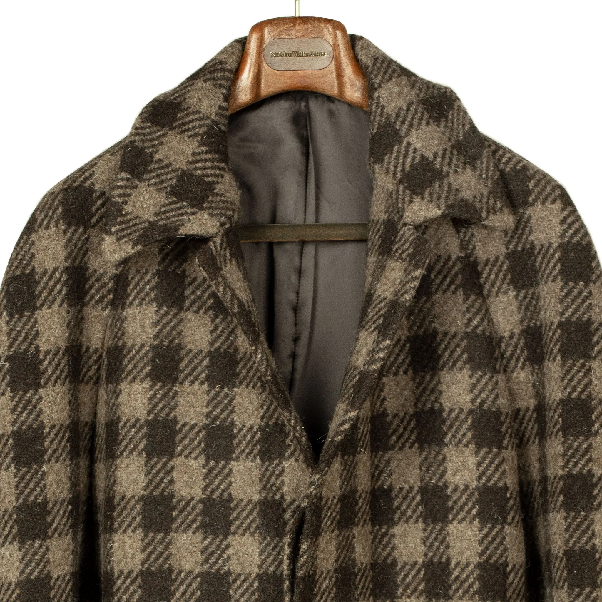 x Sartoria Carrara: Balmacaan belted coat in chocolate and brown large check undyed wool