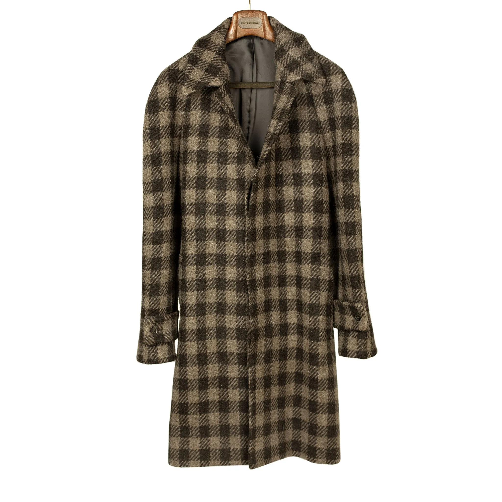 x Sartoria Carrara: Balmacaan belted coat in chocolate and brown large check undyed wool