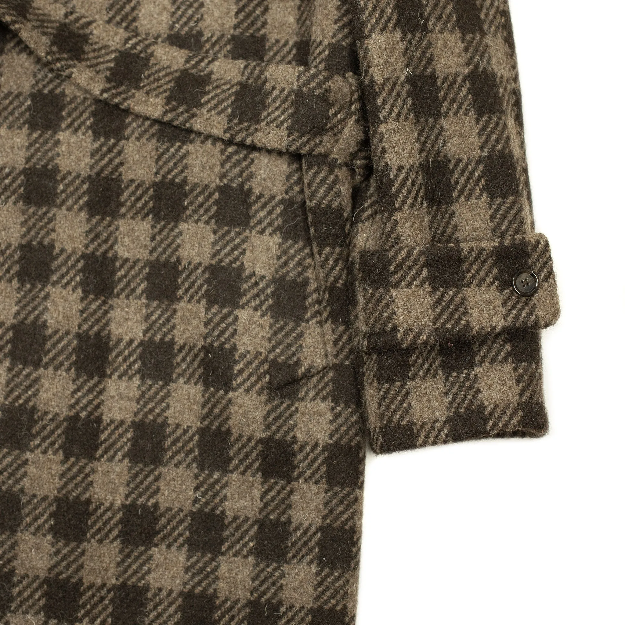 x Sartoria Carrara: Balmacaan belted coat in chocolate and brown large check undyed wool